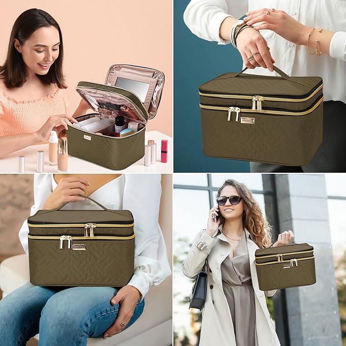 8.8L Double Layer Travel Makeup Bag With Mirror For Women, Large Cosmetic Case, Organizer for Travel-Size Accessories Bottles, Brushes,and Skin Care Products, 2.33 GAL, Brown…