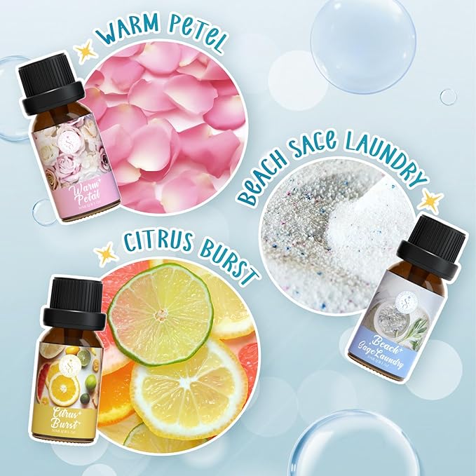 Clean Essential Oils Set, SoulOrigin Fragrance Oil Gift Set for Oil Diffusers, Scented Oils 6x10ml - Beach Sage Laundry Detergent, Citrus Burst, Lavender Fields, Fresh Linen, Warm Petals, Fresh Cotton