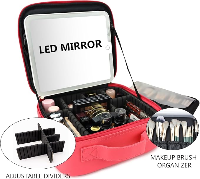 Travel Makeup Bag with LED Mirror Travel Makeup Organizer with 3 Lighted Settings, Adjustable Dividers and Makeup Brush Storage Bag Light Red