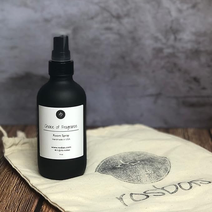 Rosbas Room Spray, Fraser Fir Scented, Matte Black Glass Bottle, 4 oz, Drawstring Cotton Bag, Long Lasting Scented Air Freshener, Non-Aerosol, Handmade in the USA