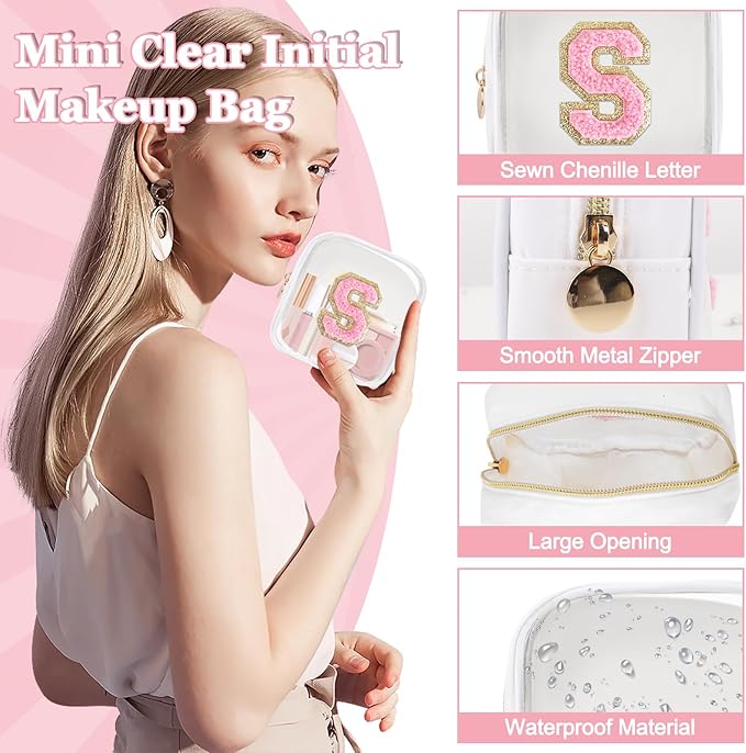 Mini Clear Personalized Initial Makeup Bag,Nylon Preppy A-Z Chenille Letter Patch Zipper Cosmetic Bag, Small Cute Beach Pouch Travel Purse Sanitary Napkin Storage Bag for Women Girls(White-Pink S)