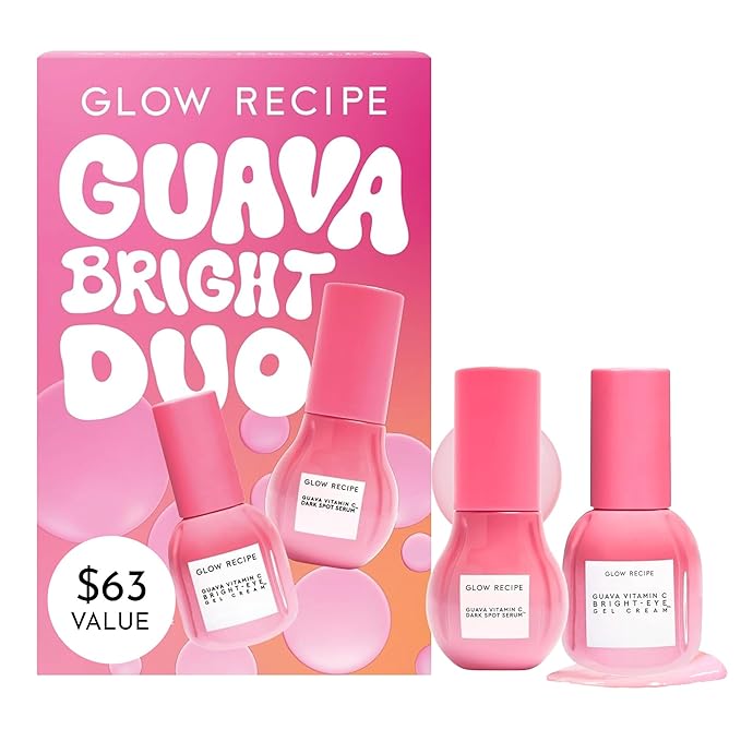 Glow Recipe Guava Brightening Korean Skincare Gift Set - Vitamin C Under Eye Cream Treatment + Hydrating Vitamin C Dark Spot Face Serum with Niacinamide & Peptides, Travel Size (2 Count)