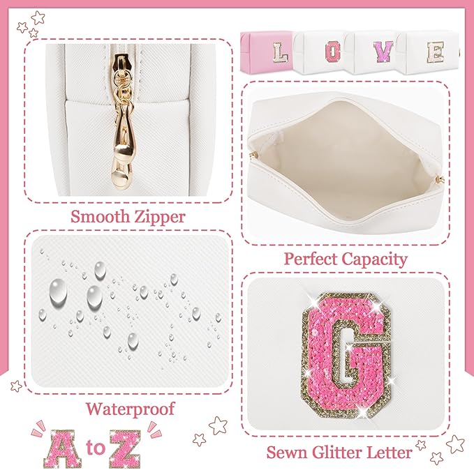 Initial Letter Patch Makeup Bag, Preppy Glitter Pouch Cosmetic Bag, Small PU Travel Toiletry Bag Zipper, Personalized Monogrammed Gift for Friends, Sisters & Teens (G)