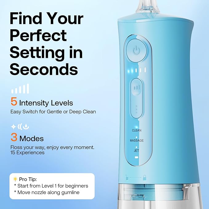 Bitvae Water Dental Flosser Teeth Picks, Cordless Portable Oral Irrigator, Powerful and Rechargeable Oral Irrigator, Brace Care, IPX7 Waterproof Water Dental Picks for Cleaning, Sky Blue