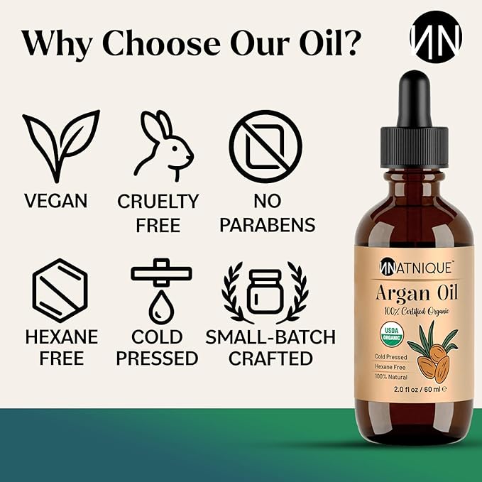 Natnique Organic Argan Oil, 2 oz – Pure Cold-Pressed Moroccan Oil from Morocco for Hair, Skin, Face & Nails – USDA Certified Organic, Virgin Aceite de Argan Cabello, Hexane-Free Moisturizer
