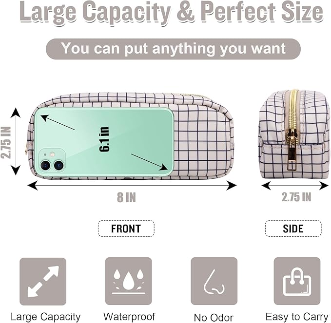 Nylon Slim Makeup Bag, Cute Makeup Brush Bag Checkered Makeup Bag Preppy Cosmetic Zipper Pouch for Purse, Travel Toiletry Bag Coin Pouch Make Up Organizer for Women Men Girls
