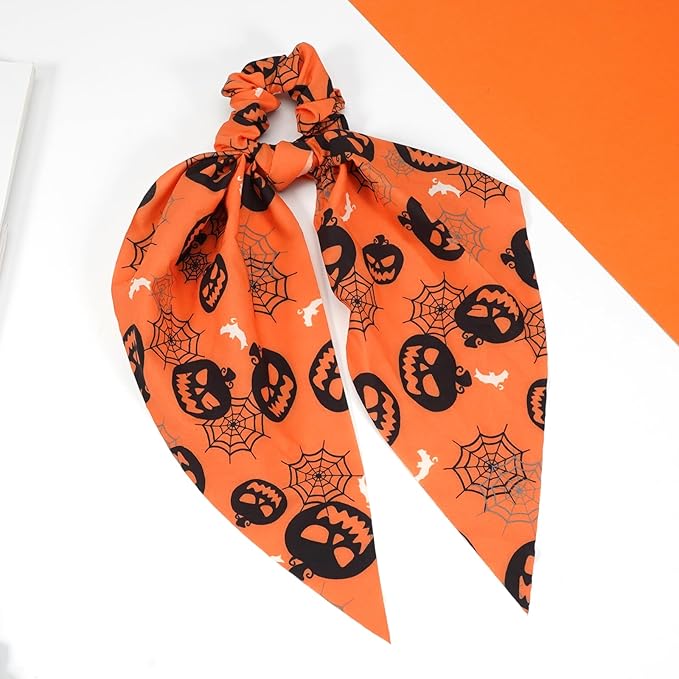 Halloween Hair Ties for Women Girls Spooky Spider Web Skeleton Bat Pumpkin Hair Scrunchies Black Orange Hair Tie Ribbon Hair Bows Hair Accessories