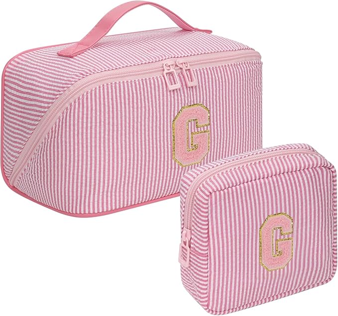 Travel Makeup Bag for Women, 2Pcs Portable Personalized Initial Makeup Organizer Bag, Open Flat Large Cosmetic Bag With Travel Essential Pouch (Pink Letter G)