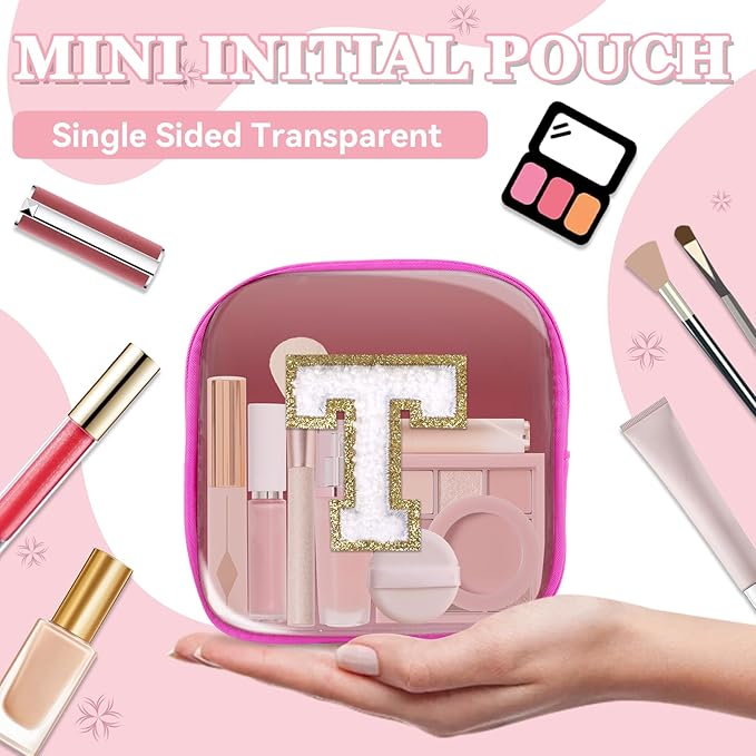 Mini Clear Personalized Initial Makeup Bag,Small Nylon Waterproof Zip Beach Cosmetic Pouch,Preppy A-Z Chenille Letter Patch Cute Coin Purse Travel Toiletry Bag Car Pack Bag for Women(Hot Pink-White T)