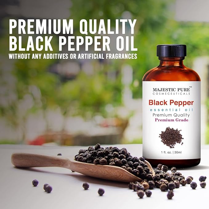 Majestic Pure Black Pepper Essential Oil with Glass Dropper - 1 Fl Oz - 100% Pure and Natural Black Pepper Oil - Premium Grade Essential Oils for Diffuser, Aromatherapy, Soap and Candle Making