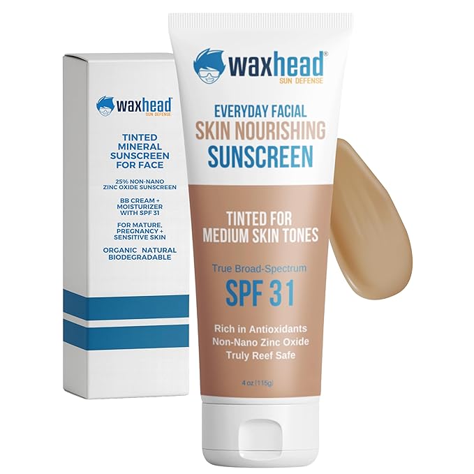 Waxhead Tinted Mineral Sunscreen for Face – Sheer Glow BB Cream Moisturizer with SPF 31, Non-Nano Zinc Oxide, Unscented, Non‑Comedogenic Mineral Facial Sunscreen, Wear under Makeup (Medium Tint 4oz)