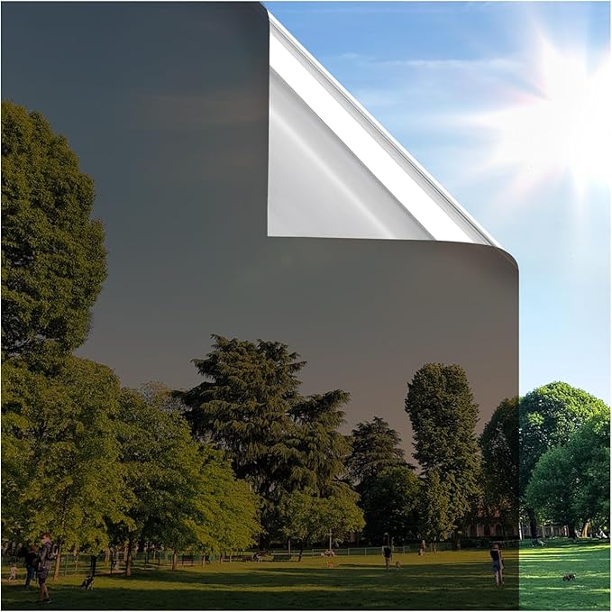 rabbitgoo Window Privacy Film One Way Window Tint for Home, Removable Reflective Heat Sun Blocking Anti UV Glass Door Covering, Mirror Tinting Film House Office, 35.4 in X 6.5 Feet, Brown Silver