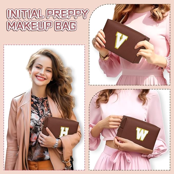 TOPEAST Personalized Birthday Gifts for Women, Preppy Patch Makeup Bag, Chenille Letter Pouch Cosmetic Bag, Travel Organizer, Gifts for Friends, Cute Stuff for Women (Brown L)