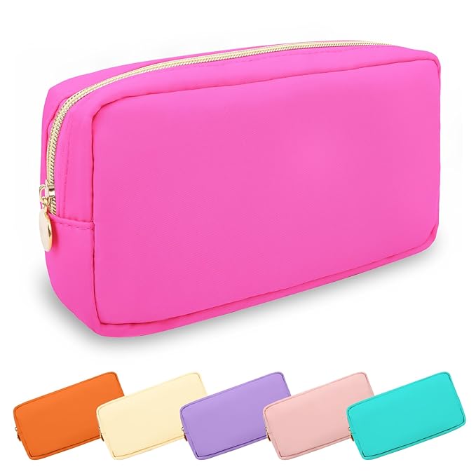 Small Makeup Pouch for Purse, Nylon Travel Toiletry Storage Pouch Cute Preppy Cosmetic Bag for Women Girls, Waterproof Makeup Organizer Skincare Bag Purse with Zipper (Small-Bubblegum)