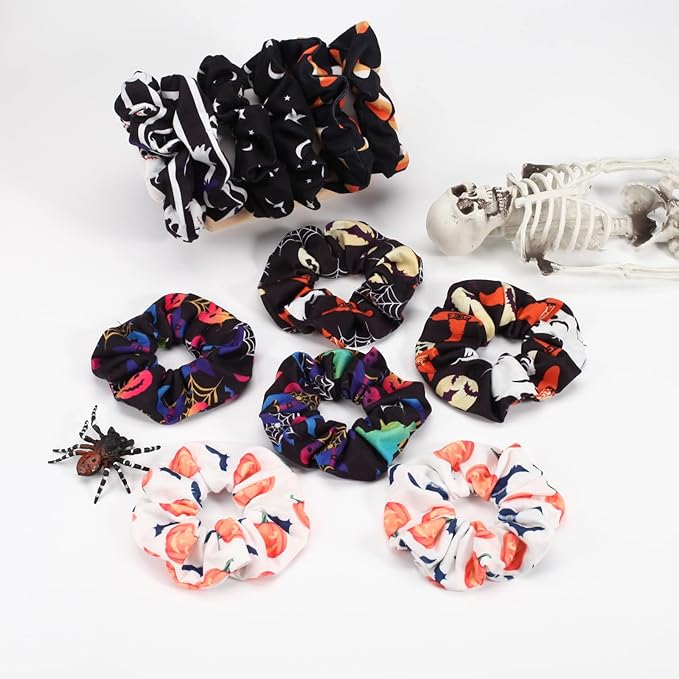 12PCS Halloween Hair ScrunchiesPumpkin Skull Ghosts Bat Star Moon Witch Hat Candy Candle Spider Web Hair Ties Elastics Scrunchy Gifts Ponytail Holder Accessories for Women Girls