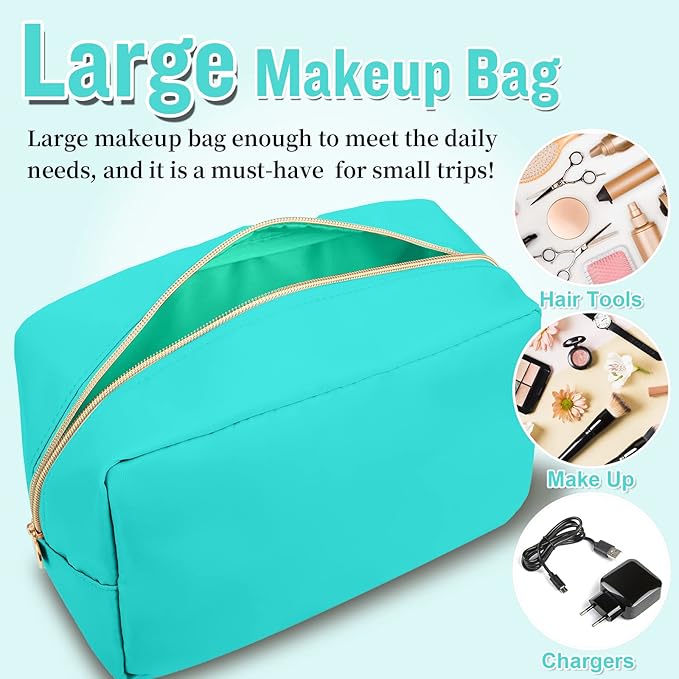 Nylon Large Makeup Bag Travel Pouch for Women, Preppy Big Makeup Bag Cute Cosmetic Zipper Pouch Purse, DIY Chenille Letter Bag Waterproof Toiletry Bag Clutch Make Up Organizer for Women Girls(Mint)