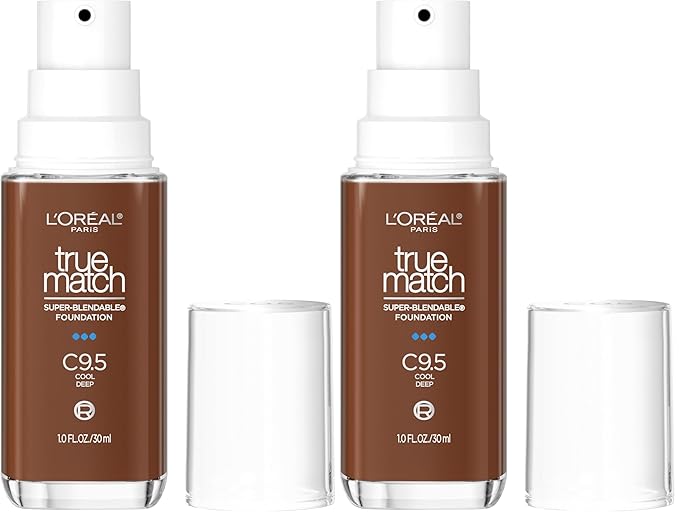 L'Oréal Paris True Match Super-Blendable Foundation, Medium Coverage Liquid Foundation Makeup with SPF 17, C9.5, Deep, 1 Fl Oz (Pack of 2)