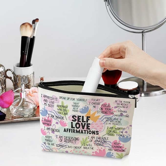 Positive Affirmations Makeup Bag Self Love Gifts Mental Health Gifts Inspirational Gifts for Women Female Girl Sister Friend Counselor Coworker Birthday Friendship Graduation Travel Toiletry Bag