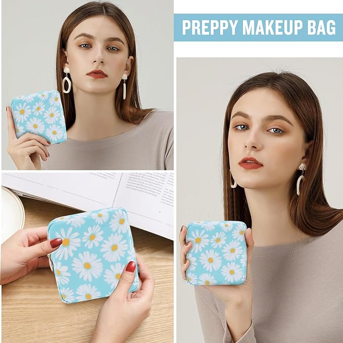 Nylon Mini Floral Makeup Bag for Purse, Small Cute Travel Makeup Bag Preppy Flower Cosmetic Zipper Pouch, Waterproof Coin Pouch Sanitary Napkin Storage Bag Make Up Organizer Set for Women(Blue-Daisy)