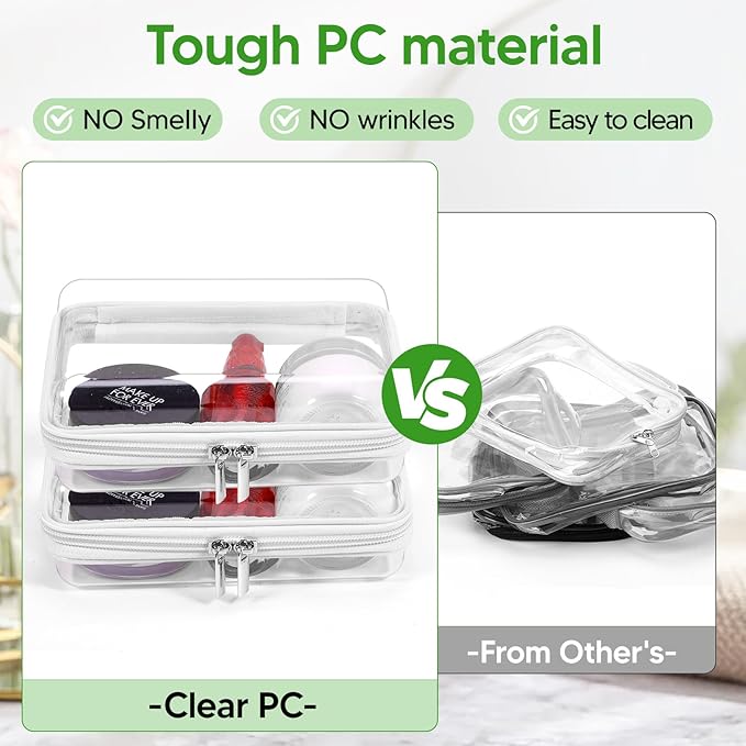 2 Pcs Clear Hard Zipper Case, Hard PC Plastic Cosmetic Travel Bag, Portable Travel Organizer Bins, Durable Makeup Bags for Toy Storage, Pencil Case(White Zipper)