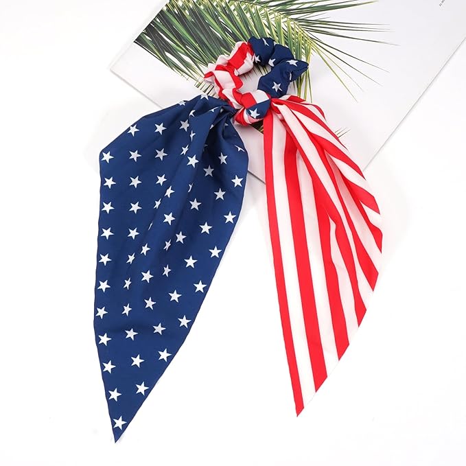 4th of July Hair Ties for Women Girls Independence Day American Flag Hair Scrunchies Red White and Blue Star Patriotic Hair Tie Memorial Day Ribbon Hair Bows