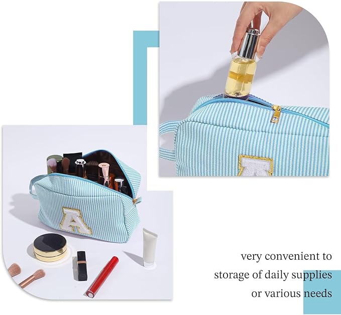 YOOLIFE Initial Makeup Bag - Personalized Monogram Cute Blue Makeup Bags, Girls Makeup Toiletry Bag Pouch, Make Up Case for Women Her Mom Best Friend Female Sister Teacher, Birthday Gifts for Women P
