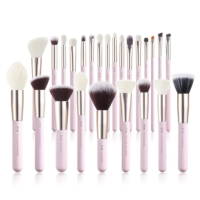 Jessup Makeup Brushes Set Professional, 25PCS Pink Premium Natural Powder Foundation Eyeshadow Blending Concealer Blusher Highlight Labeled Brushes, T290
