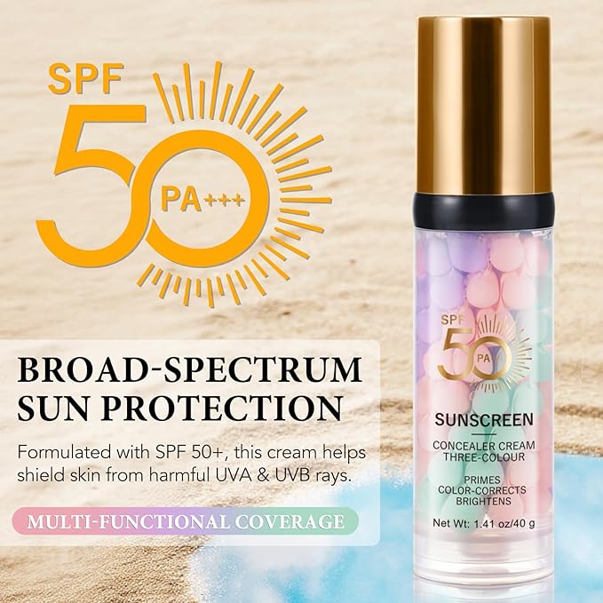 3 Color Sunscreen Concealer Cream, SPF50+ Face Moisturizing Sunscreen Skin Tone Correcting Isolation Cream, Even Skin Tone & Natural Radiance, Oil-Control & Hydrating Color Correcting Makeup Primer