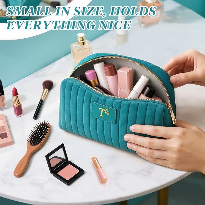 Monogrammed Make Up Bags for Women,Personalized Cosmetic Bags Women,Small Quilted Makeup Pouch,Cute Makeup Bag Travel,Birthday Gifts for Teen Girl (Blue T)