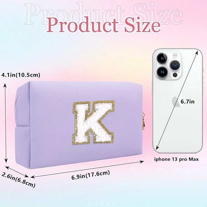 Small Personalized Letter Makeup Bag, Cute PU Leather Chenille Letters Cosmetic Bag Travel Makeup Pouch, Preppy Travel Organizer Zipper Pouch for Women&Girls（Purple-K）
