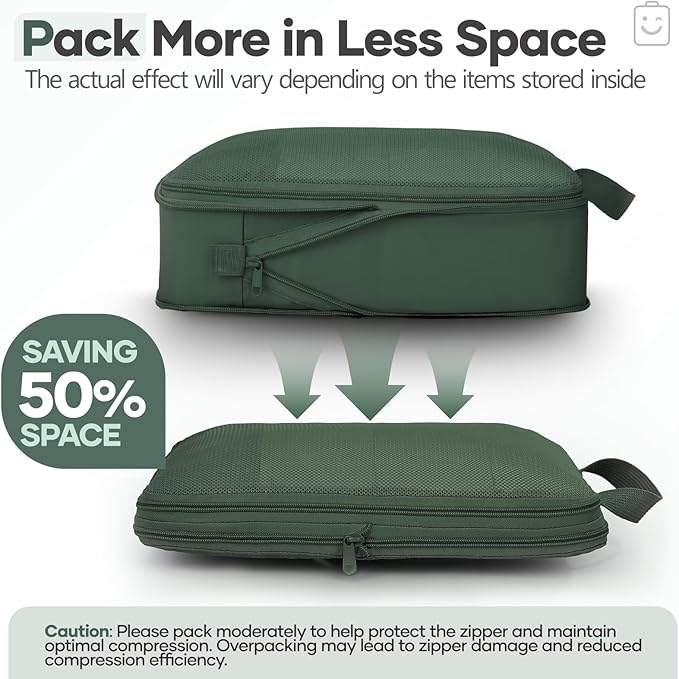 Veken 11 Set Compression Packing Cubes for Travel Essentials,Compressible Expandable Large Luggage Suitcase Organizer Bags for Clothing,Durable Space Saver Storage Bags with Toiletry Bags(Dark Green)