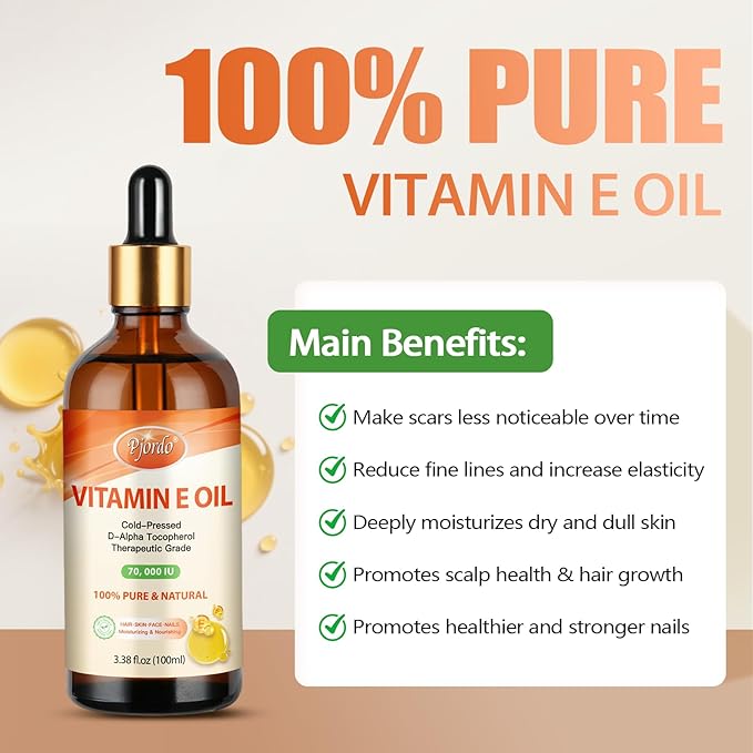 Vitamin E Oil - 100% Pure & Natural, 70,000 IU Cold-Pressed Organic Vitamin E Oil for Skin, Face, Hair, Nails & Scars, D-Alpha Tocopherol Rich, Deep Moisturizing and Firming Skin