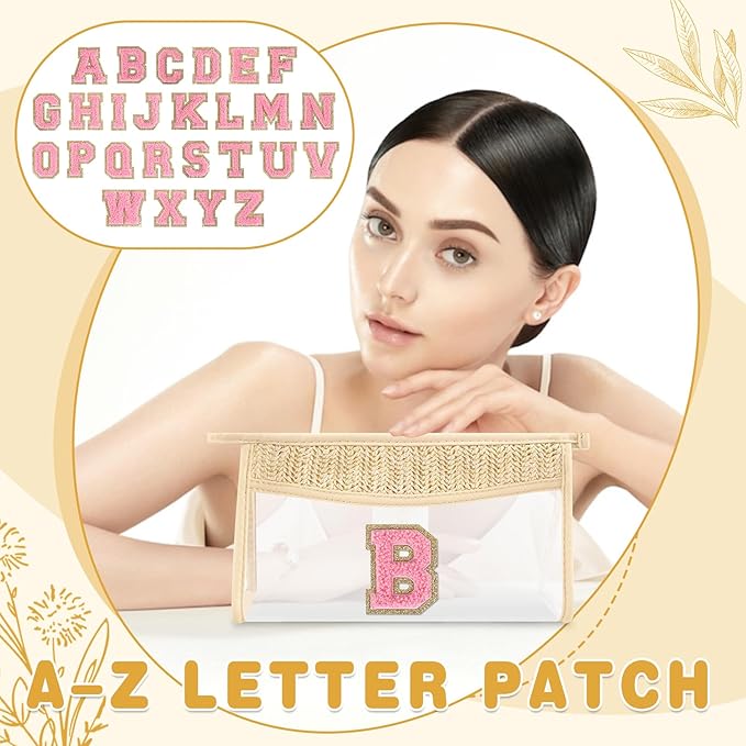 Small Boho Straw Initial Letter Makeup Bag Personalized Gift ,Cute Clear Chenille Patch Makeup Bag With Zipper,Trendy TSA Approved Travel Toiletry Bag,Gift for Women Girls Birthday Friend, Letter B