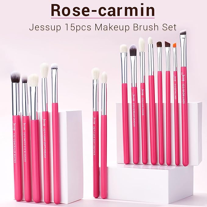Jessup Professional Natural-Synthetic Eye Makeup Brushes Set 15pcs for Eyeshadow Blending Concealer Eyeliner Eyebrow, Rose Carmine/Silver T197