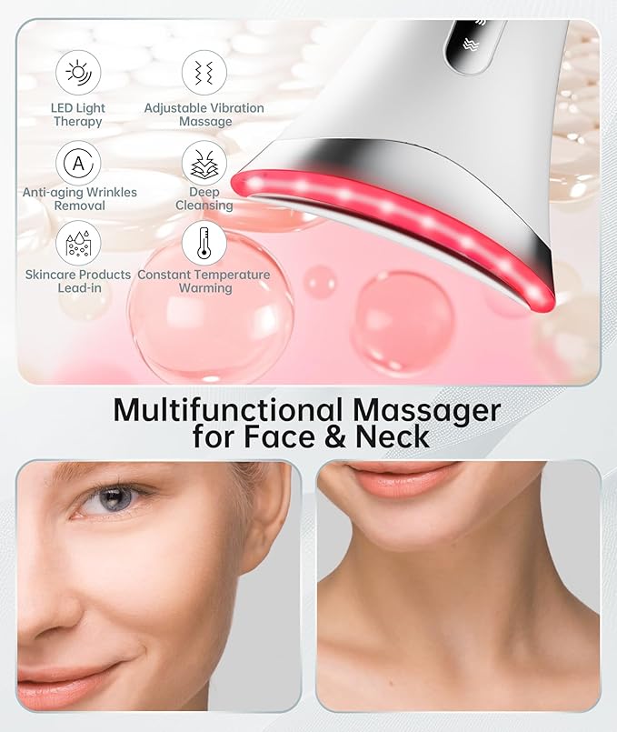 Red Light Therapy for Face and Neck, 7 Color Facial Massager with Adjustable Vibration and Thermals for Wrinkles, Double Chin, Portable Skin Care Tool with Base, White