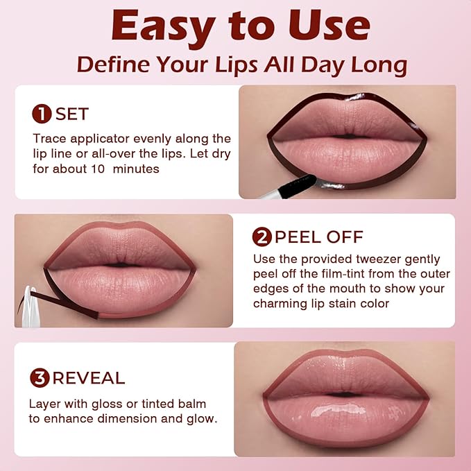 Lip Liner Stain Peel Off with Tweezer, Long Lasting Matte Lip Lipstick Tint Tattoo, Highly Pigmented Color Lip Liners Makeup, Waterproof, Transfer-proof Lipstain for Women, for All Skin Types, Mauve