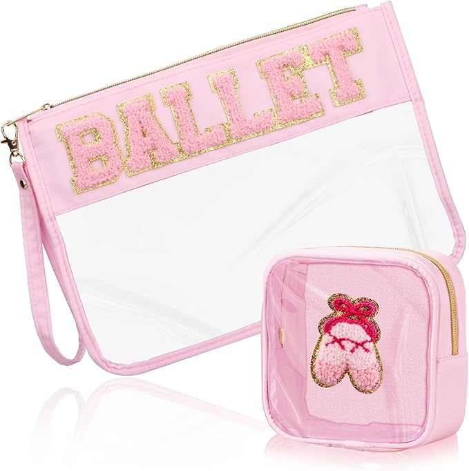 2 Pcs Ballet Gifts Cosmetic Makeup Bag with Chenille Letter Patch, Clear Pouch PVC Organizer Purse, Waterproof Travel Bag, Portable Toiletry Storage Bag for Her Girls Friends Women