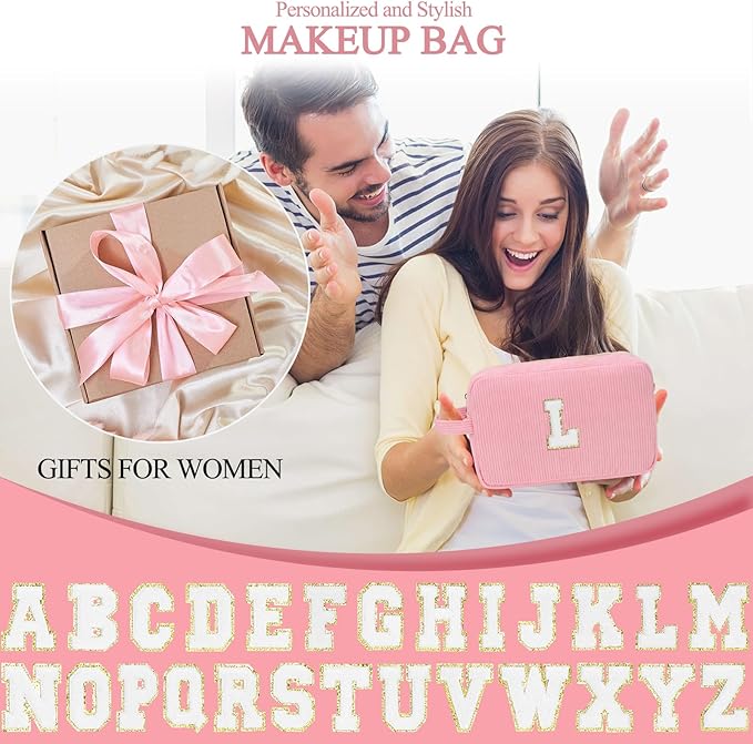 Personalized Initial Makeup Bag Trendy Stuff Corduroy Cosmetic Bag Travel Toiletry Bag for Women, Christmas/Thanksgiving/Halloween Gifts Makeup Organizer Case for Teen Girls Mom Girlfriend Wife - Pink