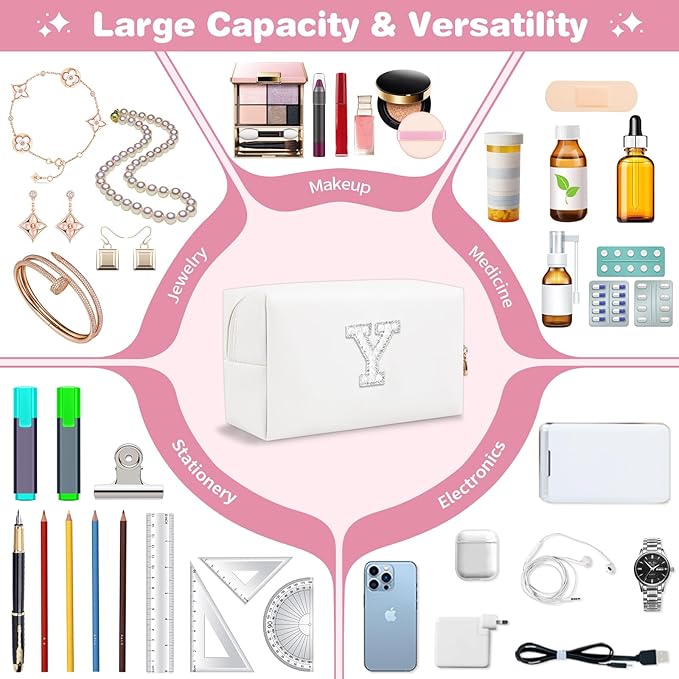Bride Gifts – Personalized Initial Makeup Bag with Pearl Rhinestone Patch, Preppy White Monogram Cosmetic/Toiletry Pouch, bridesmaid Gifts, Bridal Shower Gifts, Wedding Gifts, Bridal Gifts,Y