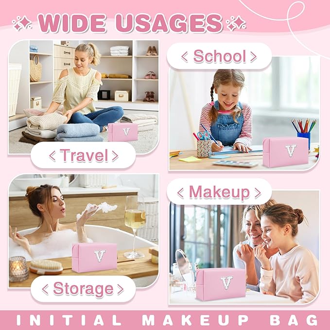ChaoGreat Bride Gifts – Personalized Initial Makeup Bag with Pearl Rhinestone Patch, Preppy Pink Monogram Cosmetic/Toiletry Pouch, bridesmaid Gifts, Bridal Shower Gifts, Wedding Gifts, Bridal Gifts,V