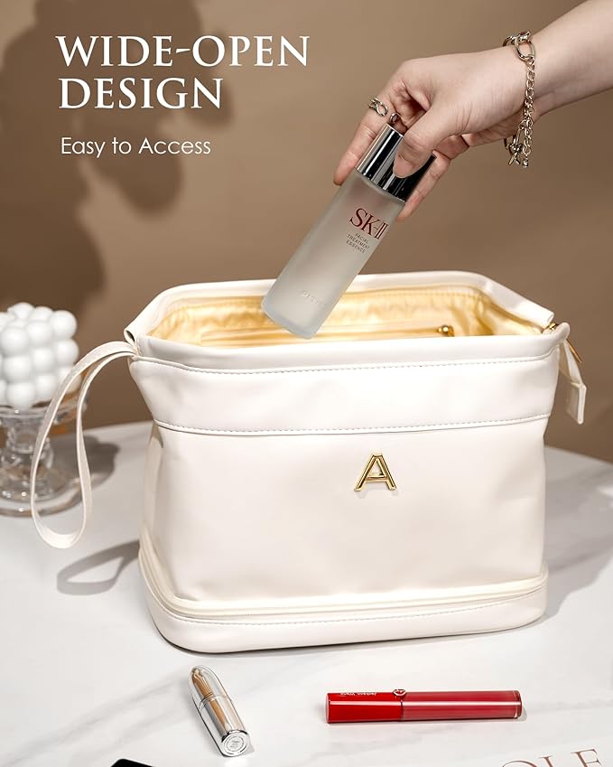 Girl Gift Ideas, White Makeup Bag, Initial Double Layer Cosmetic Bag with Makeup Brush Organizer, PU Leather Travel Toiletry Bag Gifts for Women Her Friend Sister Mom Gifts