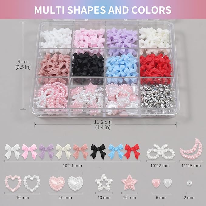 Artdone Nail Art Studs Kit, 12 grids 8 Colors 3D Charms and Pink Mix White Star Heart Moon Cute Nail Jewels for DIY Decoration