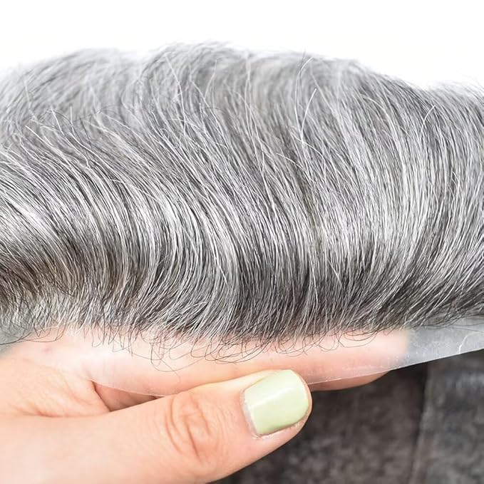 FACE MIRACLE Toupee for Men Lace Center Mens Toupee Hairpiece for Man Human Hair Replacement System Lace Center with Poly around Hair Units Mens Wig Hair Prosthesis 6"X9" #1B60 Off Black with 60% Gray