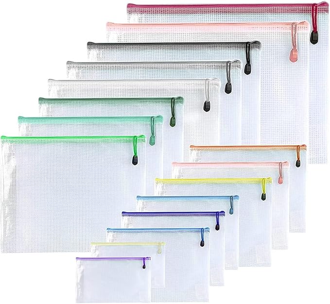 Oaimyy-16Pcs, Mesh Zipper Pouch Document Folders Bag & Plastic Zip File Folders for School Office Supplies, Travel,Puzzles Games Organizing Storage (Inches, MultiSize)