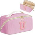 Personalized Initial Makeup Bag,Christmas Gifts for Girl,Preppy Bag Cosmetic Travel Bag Women,Travel Toiletry Organizer,Large Capacity Corduroy Stuff Bag,Cute Cosmetic Pouch Skincare Bag-U