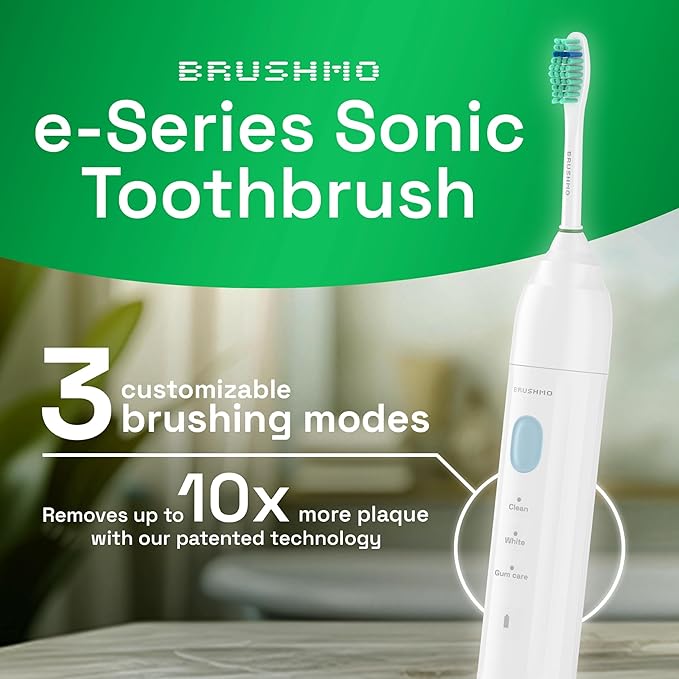 Brushmo e-Series Electric Sonic Toothbrush - Rechargeable Screw-On Electronic Tooth Brush for Adults with 3 Modes & Timer - IPX7 Waterproof, Long-Lasting Battery & Wireless Charging Base - White