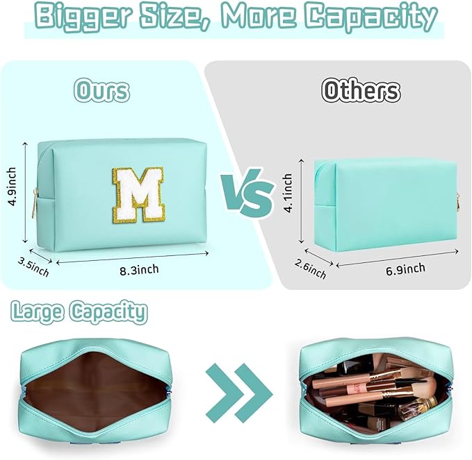 TOPEAST Monogrammed Gift for Women Girls, Personalized Initial Makeup Bags Cosmetic Bag with Zipper, Cute Makeup Pouch, PU Leather Waterproof Toiletry Bag, Preppy Gifts Stuff for Girl (Blue E)