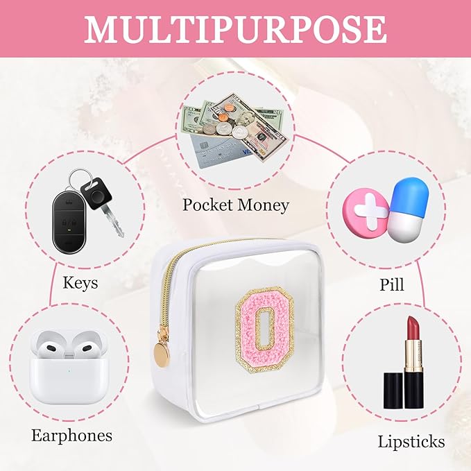 Mini Clear Personalized Initial Makeup Bag,Small Nylon Waterproof Zip Beach Cosmetic Pouch,Preppy A-Z Chenille Letter Patch Cute Coin Purse Travel Toiletry Bag Car Pack Bag for Women(White-Pink O)