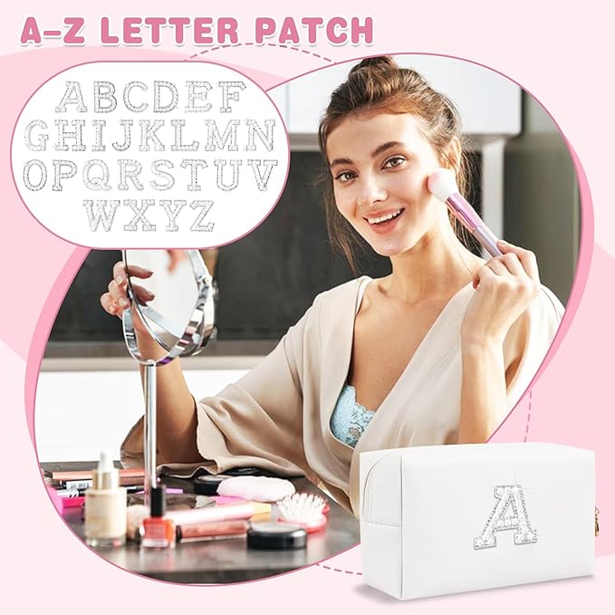 Bride Gifts – Personalized Initial Makeup Bag with Pearl Rhinestone Patch, Preppy White Monogram Cosmetic/Toiletry Pouch, bridesmaid Gifts, Bridal Shower Gifts, Wedding Gifts, Bridal Gifts,A
