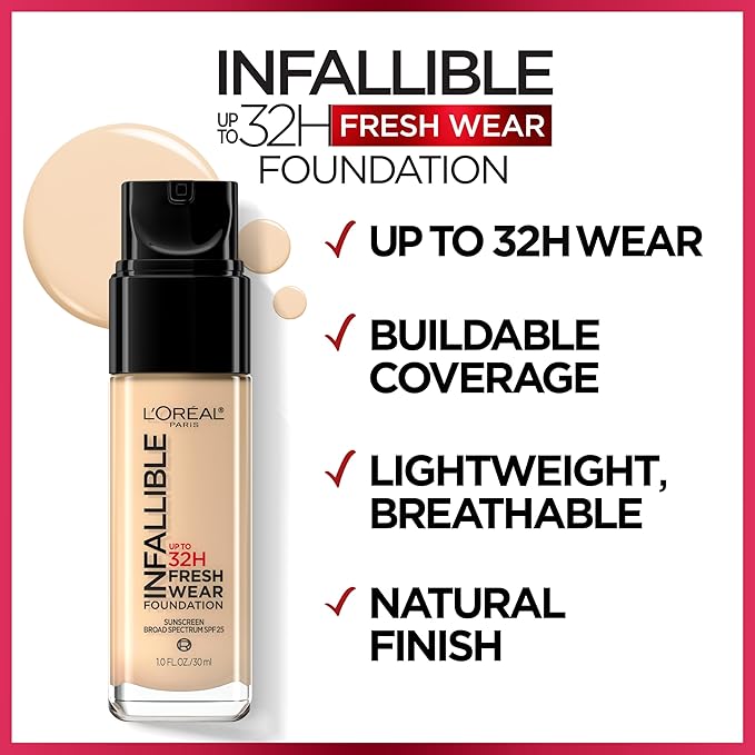 L'Oreal Paris Makeup Infallible Up to 32 Hour Fresh Wear Lightweight Foundation, 510 Hazelnut, 1 Fl Oz, Packaging May Vary